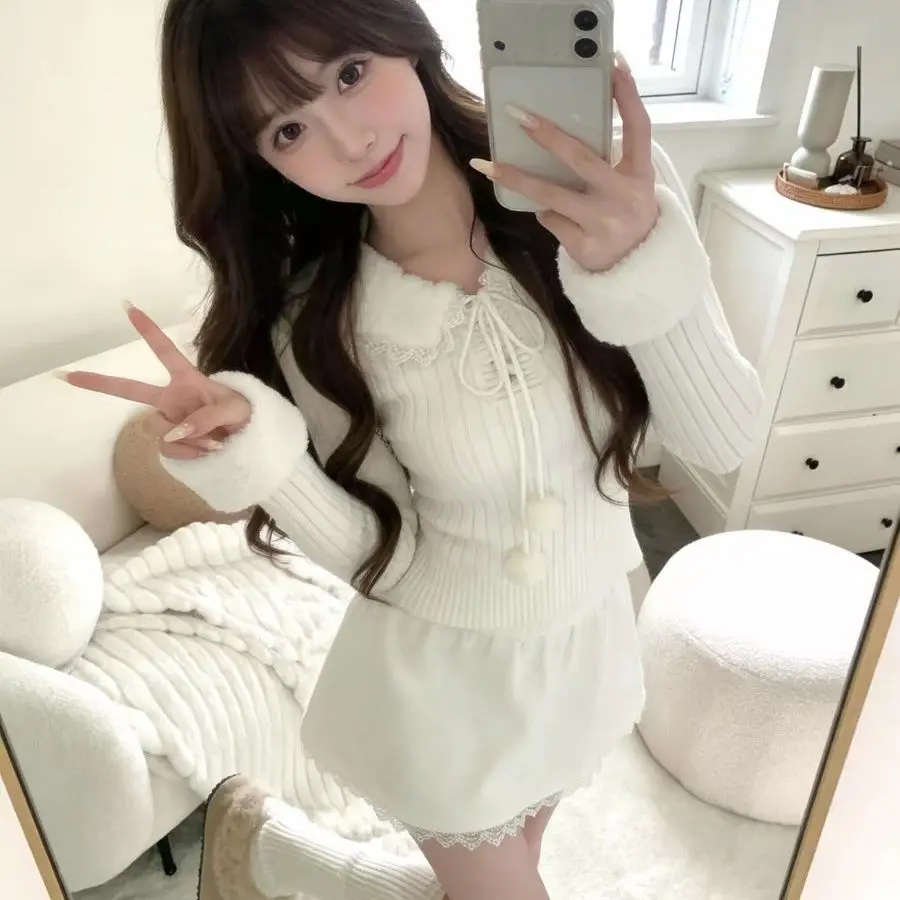 

Japan Milky White Furry Doll Collar Sweater For Women Autumn And Winter Lace-Up Fur Ball Top