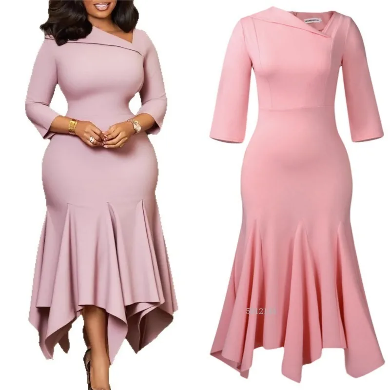 

Autumn Elegant African Women 3/4 Sleeve V-neck Polyester High Waist Midi Dress Outfits Dashiki African Dresses for Women S-3XL