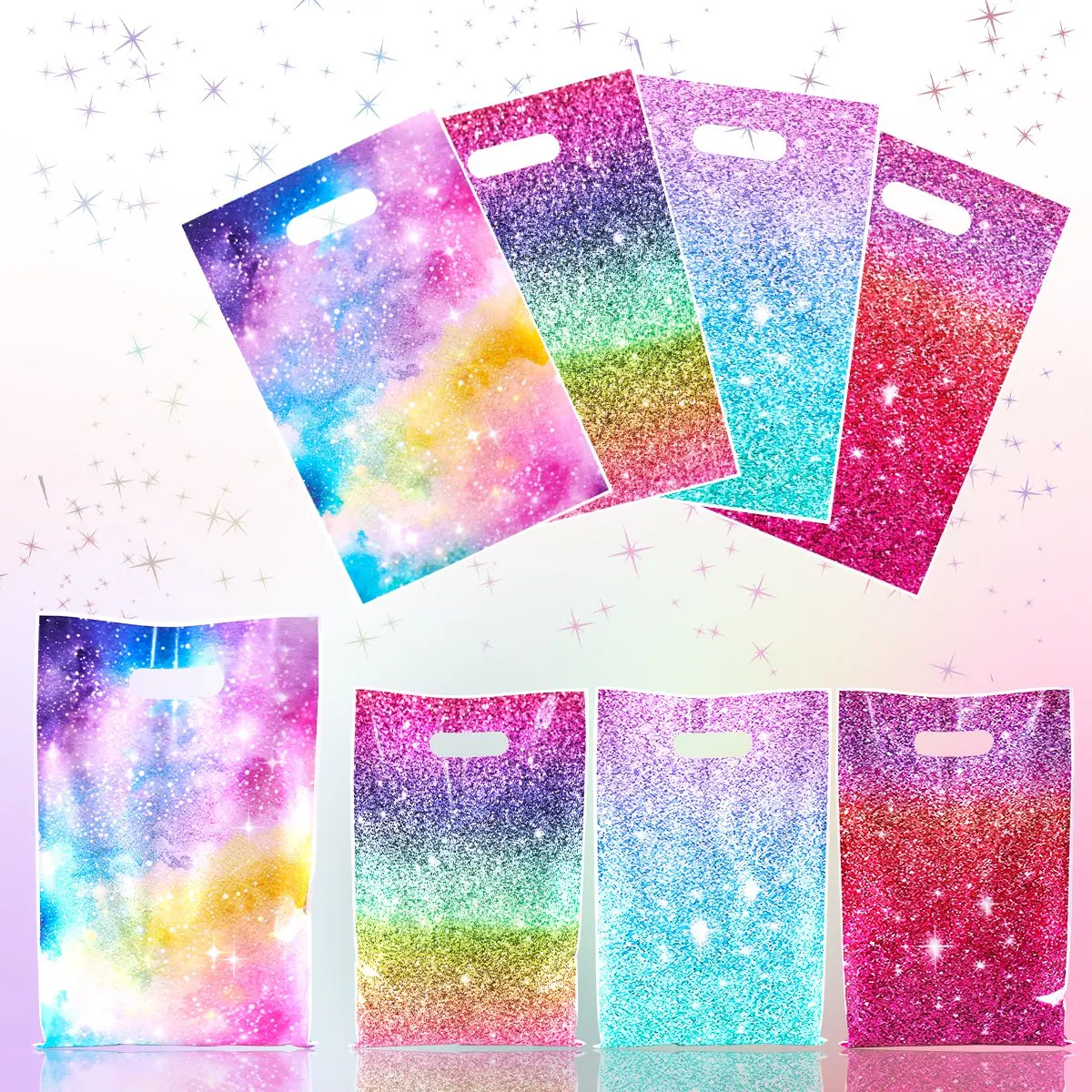 10/20/50 Stück Glitzer-Geschenktüten mit Regenbogen-Farbverlauf und Galaxie-Motiv, Kunststoffgriff, Partytüten für Geburtstag, Hochzeit, Party-Dekoration – Detail 2