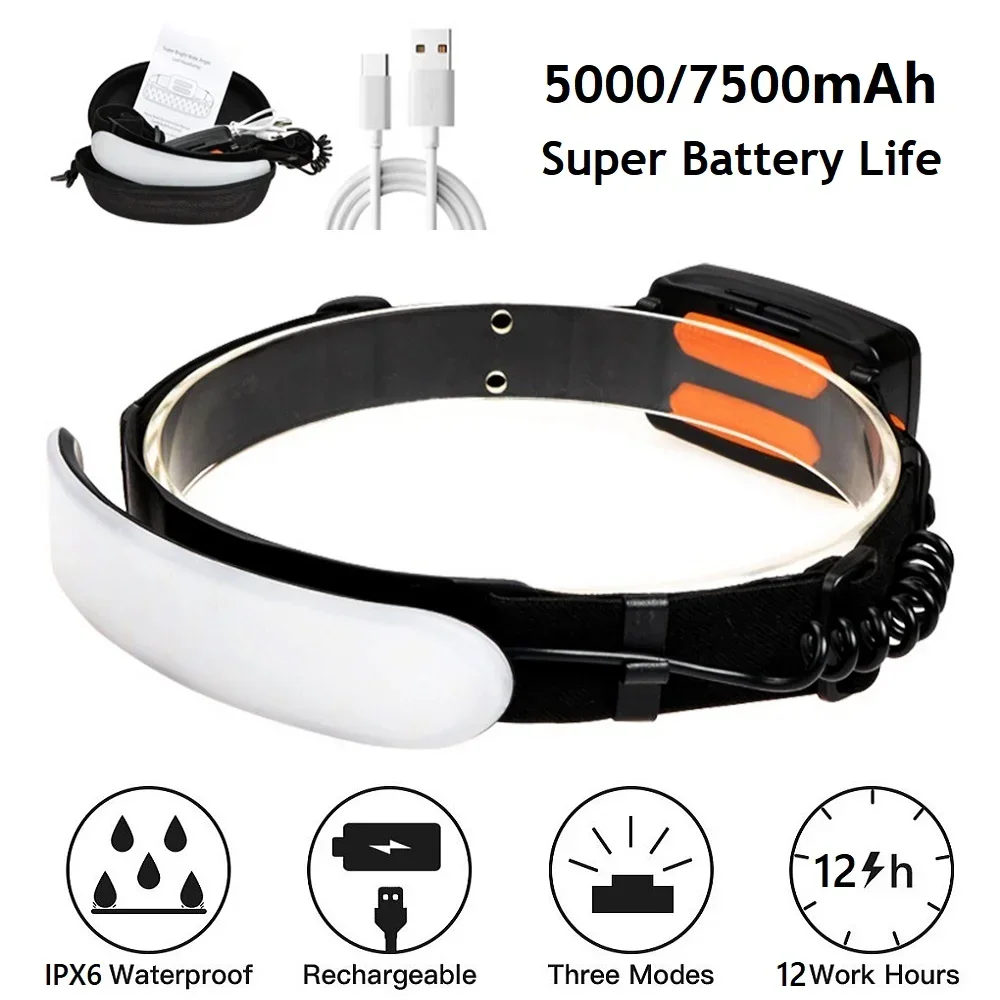 

7500mAh LED Headlamp Type-C Rechargeable Headlight 230° Lighting Floodlight Waterproof Torch Camping Cycling Emergency Lantern