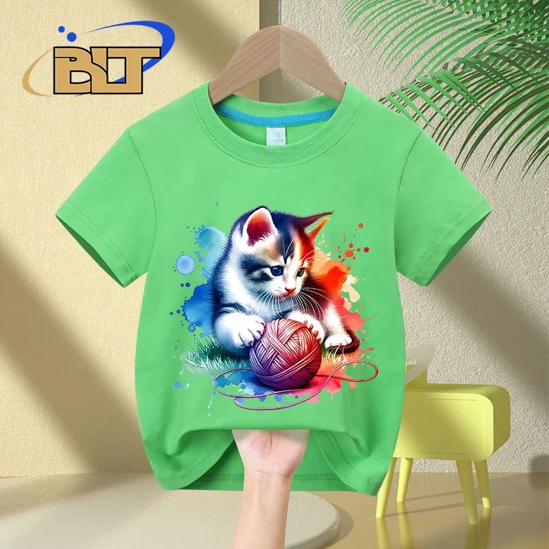 Camiseta con estampado de gatito juguetón de acuarela para niños, tops casuales de manga corta de algodón para niños y niñas, Verano
