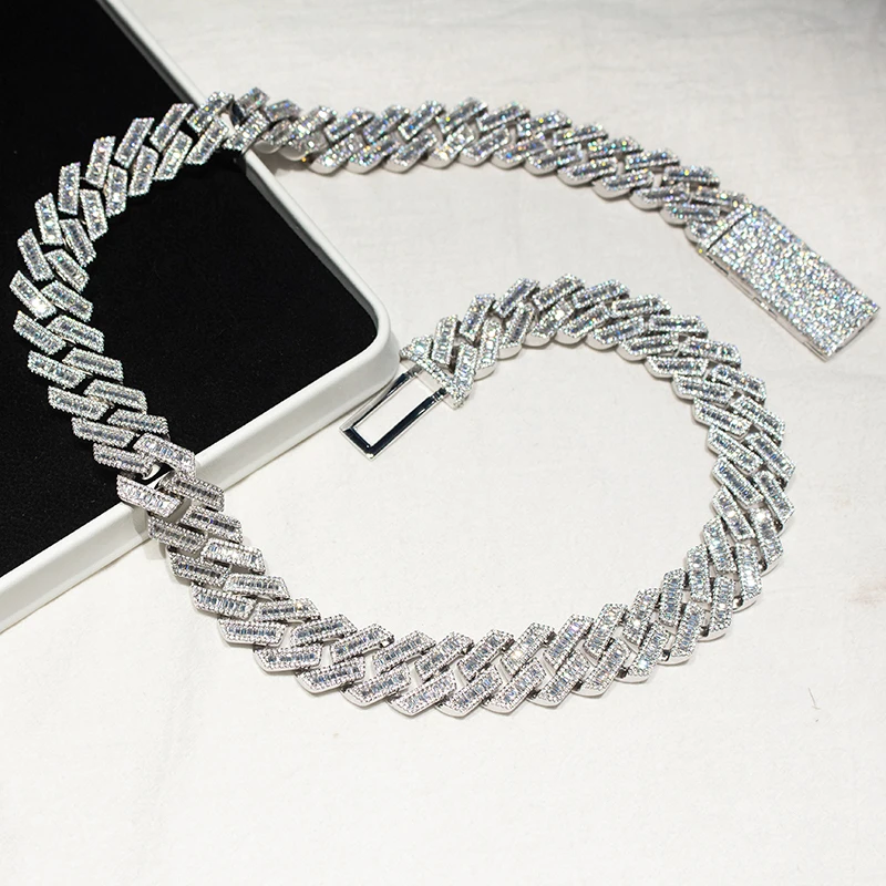 hip hop men Luxury Cuban Chain 20mm Width baguette Three-row Moissanite Miami full iced out Cuban Link Chain Necklace