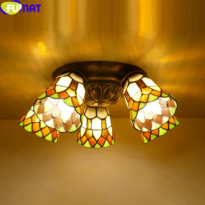 FUMAT Tiffany Style 3 5 Horn Shape Shade Ceiling Lamp Flush Fitting Stained Glass Sunflower Lotus Baroque Pattern Chandeliers