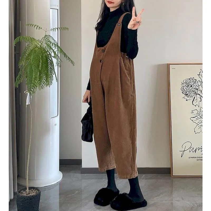 Corduroy Jumpsuits for Women Solid Workwear Lantern Pants Vintage One Piece Outfit Women Clothes High Street Loose Casual Romper