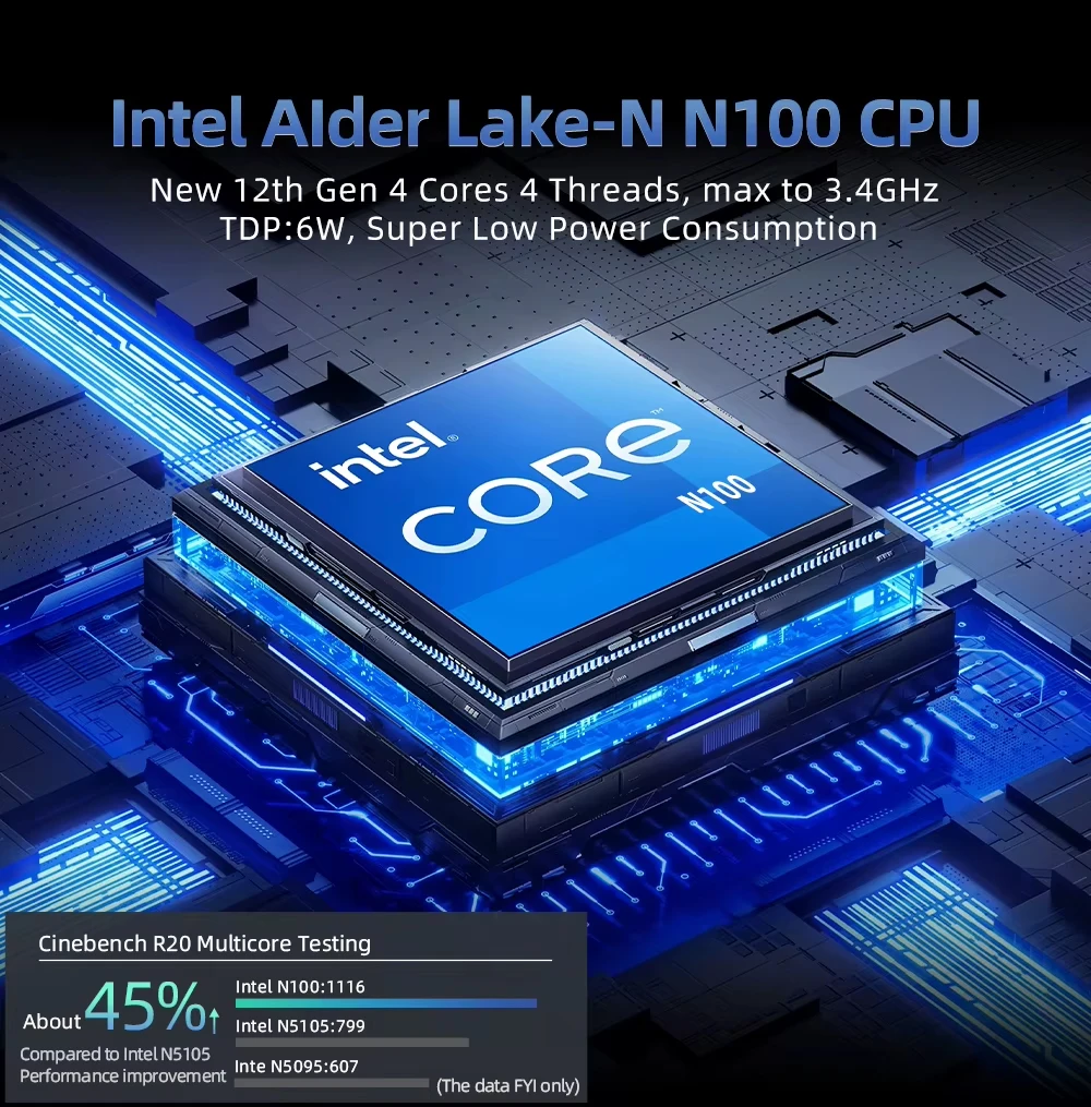 Intel Alder Lake-N Quad Core N100 Mini-PC HD DP Dual LAN Wifi5 WiFi6 16G DDR4 1 TB NVMe Windows 11 Mirco Heim-/Bürocomputer