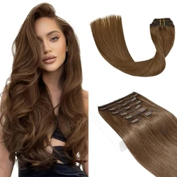 Extensiones de cabello humano Natural liso con Clip, cabello Remy, cabeza completa, Marrón castaño, 120G, n. ° 6, 8 unids/set