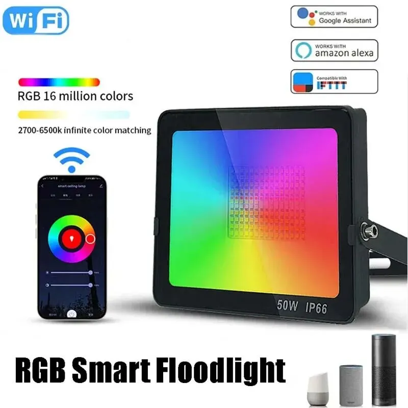 

30W 50W Smart APP RGB Floodlight Outdoor Spotlight LED Reflector Waterproof Garden Landscaping Lighting WIFI Control for Alexa