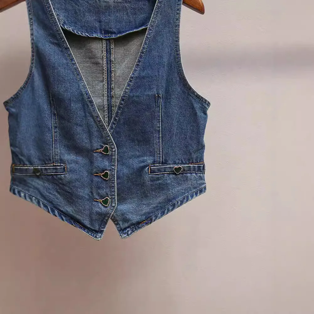 Baga Donna ort Gilet di jeans V-Ne Heart Bule Faionable Retro Blu Jaet Foderato in cotone Stagione autunnale Altro Sle
