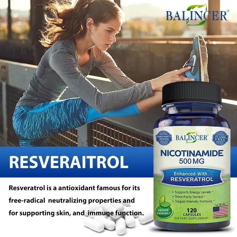 Niacinamide Met Resveratrol - 120 Vegetarische Doppen Vitamine B3, Ondersteunt Nad, Huidcel Gezondheid & Energie, Anti-Aging, Vermindert Rimpels