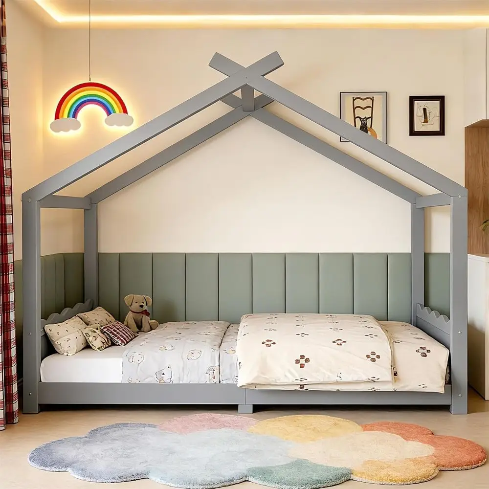 

Low Profile Solid Wood Twin Beds for Kids with Playroom, Suitable for Boys & Girls, Grey, No Box Spring Needed