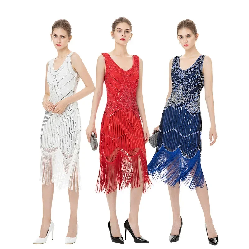 Women's 1920s Shiny Sequins Vintage Flapper Fringe Beaded Cocktail Party Dress Colour 9