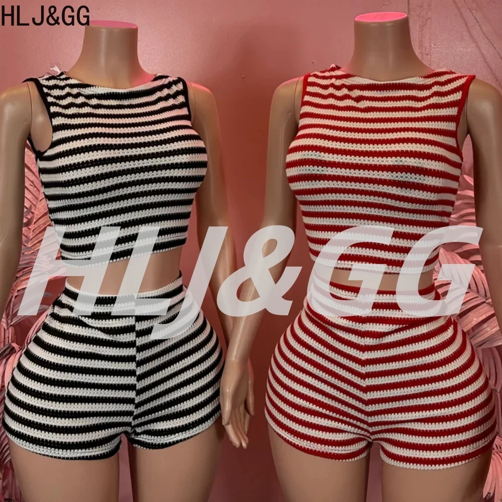 

HLJ&GG Fashion Stripe Knitt Shorts Two Piece Sets Women O Neck Sleeveless Slim Crop Top And Shorts Outfits Summer New Streetwear