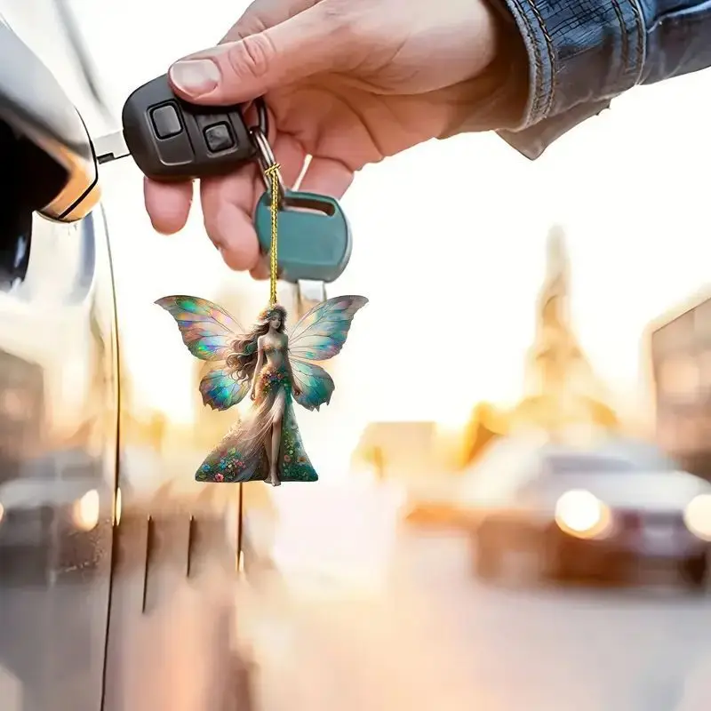 2D Acrylic Green Elf Pendant Pink Exquisite Butterfly Fairy Car Decoration Ladies Backpack Car Wing Mirrors Hanging For Gift