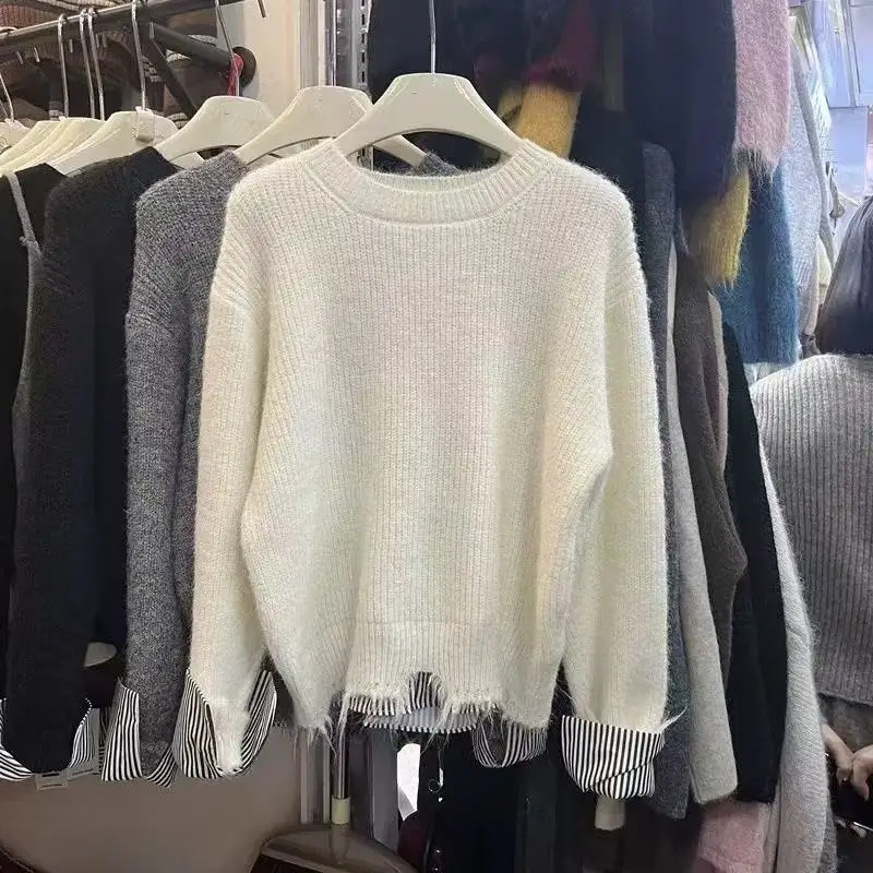 

Women Loose Sweater AutumnWinter New Lazy Style Broken Bottom Splicing Stripes Fake Two Piece Soft Round Neck Knitted Casual Top