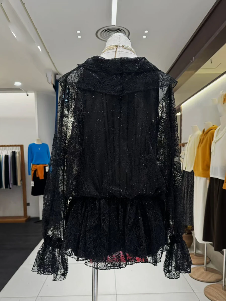 TWOTWINSTYLE, vestidos elegantes con pliegues y volantes empalmados lisos para mujer, minivestido de encaje transparente con cuello en V y mangas largas para mujer