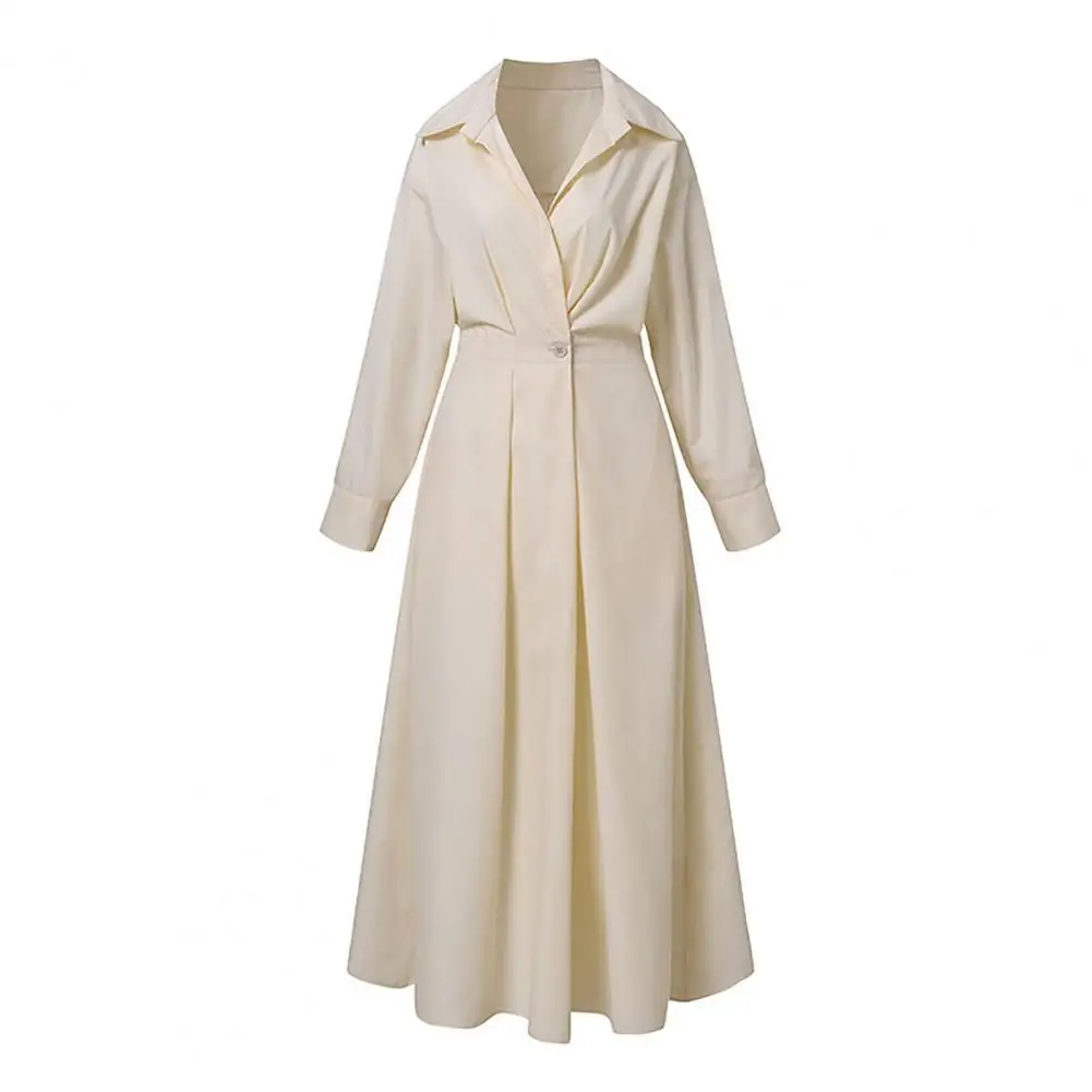 أنيقة طية صدر السترة الياقة ألف خط فستان طويل ملابس نسائية فساتين قميص بلون طويل الأكمام زر أسفل فستان المكتب #4