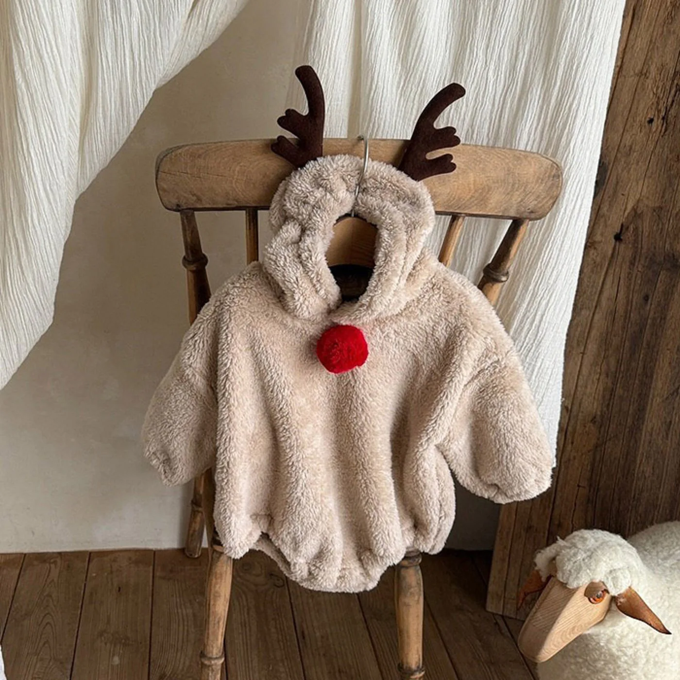 Plush Baby Long Sleeved Hoodie Christmas Themed Deer Antler Shaped Bag Fart Jacket 25 Autumn/winter Baby Jumpsuit Ins