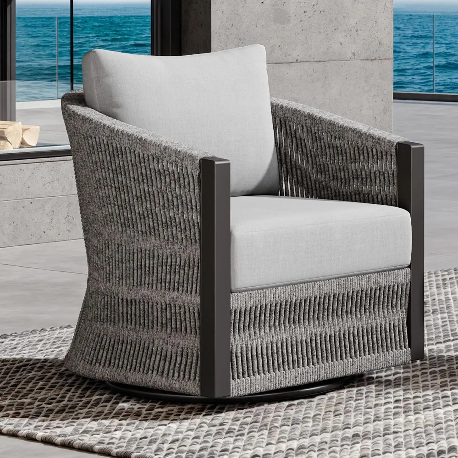 Boho Wicker Patio Swivel Chair, Fully Assembled, 360° Swivel, Foam Cushion, Weatherproof Fabric, Steel Frame, 350 Lb, Customized