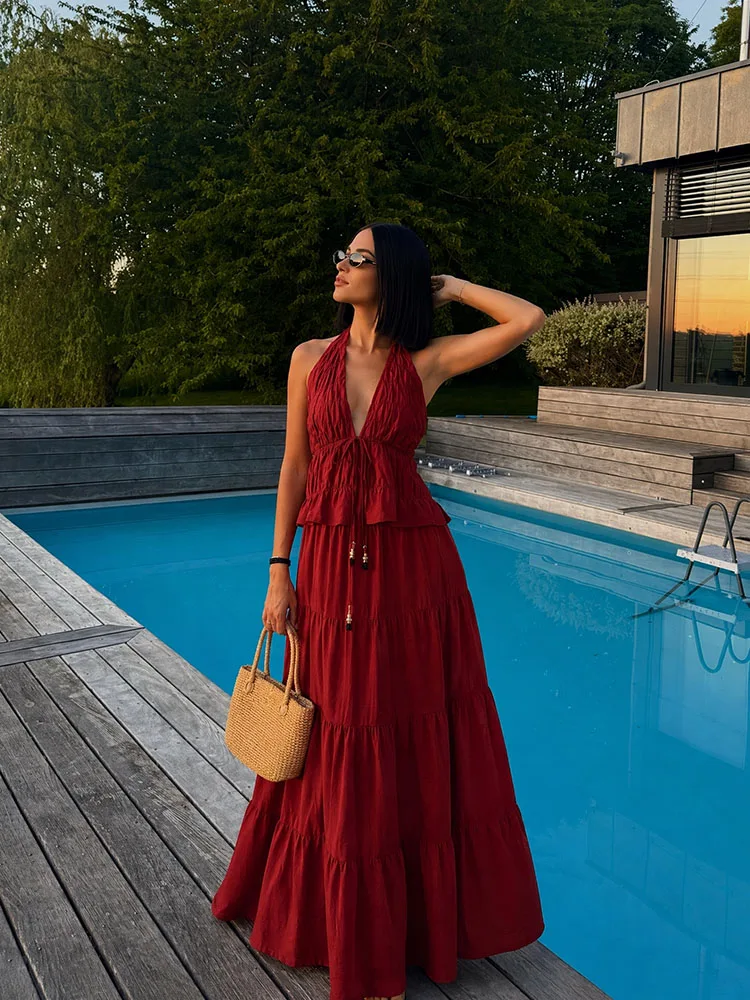 

HH Women Summer Spring Flowy Burgundy Halter Top Tiered Maxi Skirt Co Ord Set Deep V Tie Front Beaded Detail 2 Piece Outfit