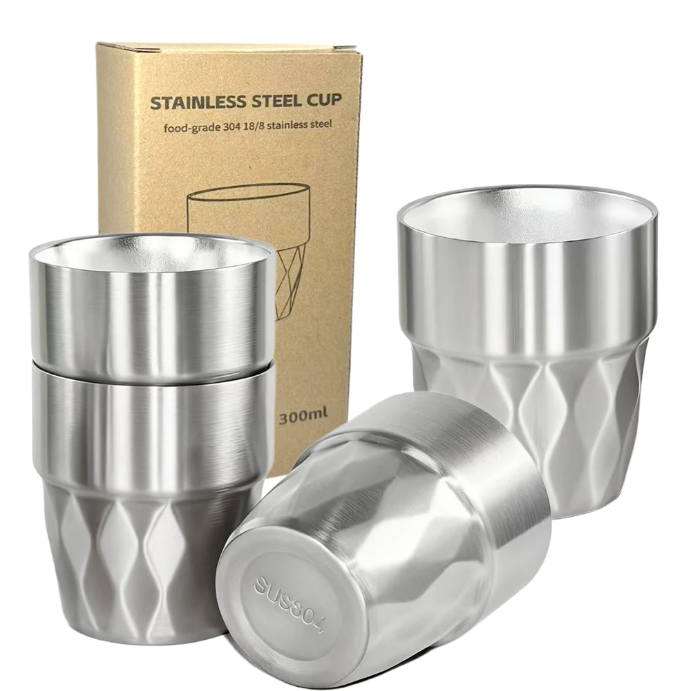 

4 Pack Mugs Stainless Steel Cup Metal Cups 10oz Double Layer Insulated 300ml Metal Drinking Glasses for Camping Outdoors Party