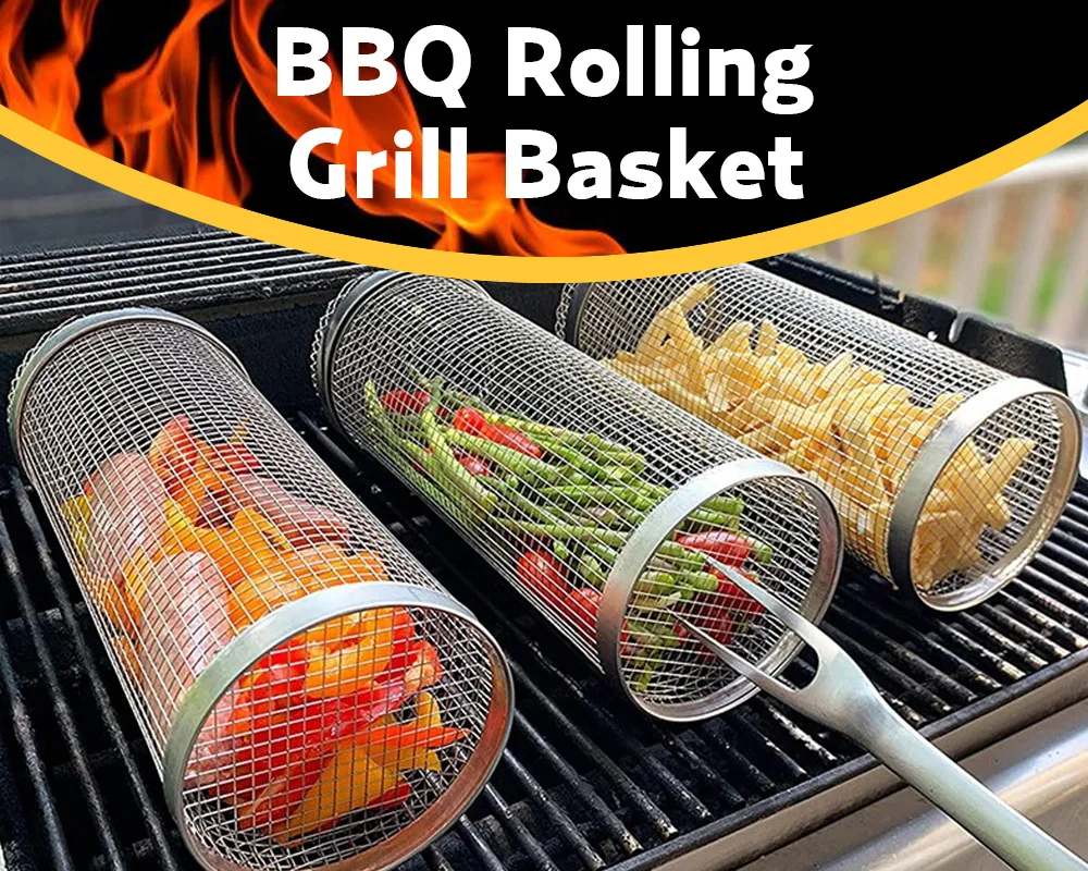 

Barbecue Grill Basket with Rolling Barrel, Round Grill, Fish and Vegetable,Outdoor Travel BBQ Grill Rack, Barbecue Accessories