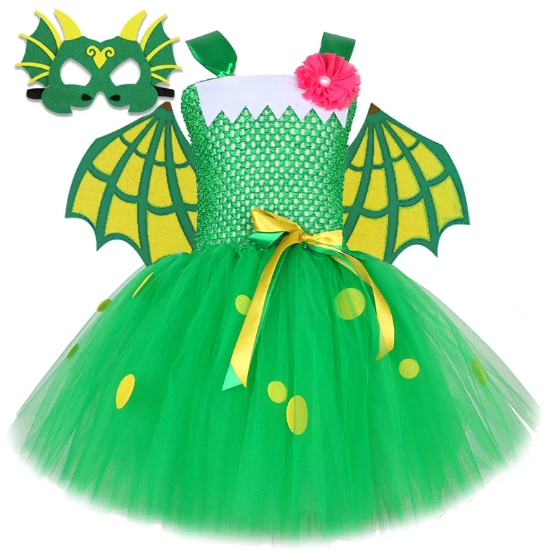 

Dress for Girls Kids School Play Fluffy Tutus Outfit with Wings Set Girl Dorothy Inspired Halloween Costume Green Dinosaur Fancy