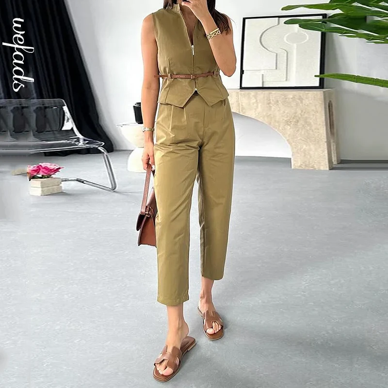 

Wefads Two Piece Set Summer Women Office Elegant Solid Zippered Sleeveless Vest Top Loose Straight Pants Sets Streetwear No Belt