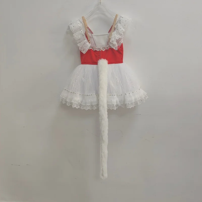 Kids red white contrast off-shoulder lace rhinestone ballet tutu dress glitter multi-layer ruffle dance skirt for ballet competi