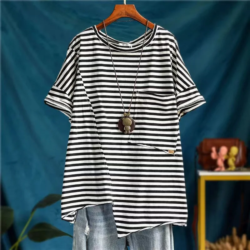 Summer Autumn Fashion Women Long Sleeve/Short sleeve Casual Tshirt 100% Cotton Big Pockets O-neck Striped Tee Shirt Femme Tops