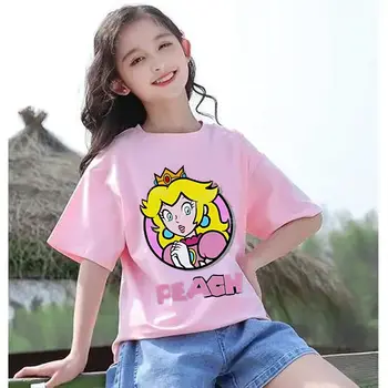 超級瑪利歐兄弟純棉卡通圓領T卹印花碧琪公主女童動漫夏季童裝精美禮物 6 最佳銷售 桃子超級瑪利歐 - №1
