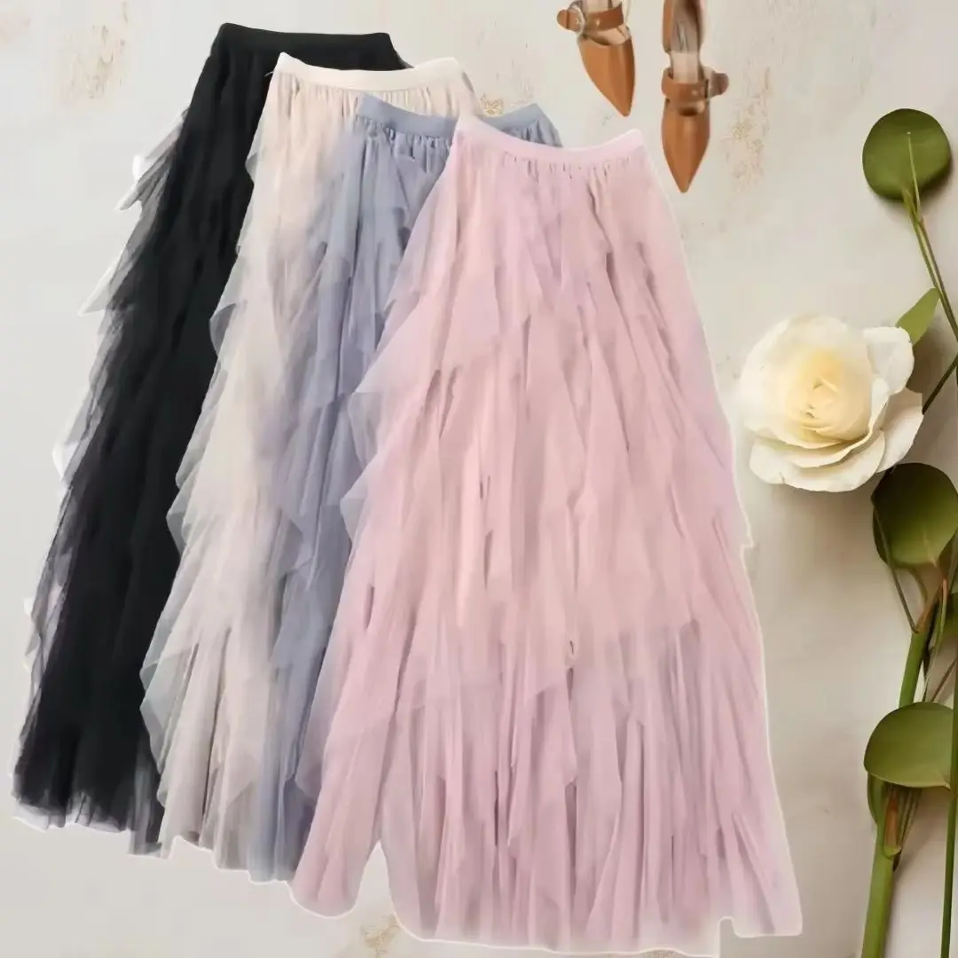 

High Waist Pleated Mesh Long Skirt Women Solid Irregular Ruffles Ball Gown Tulle Skirts Female Sweet Lovable Tutu A-line Skirts