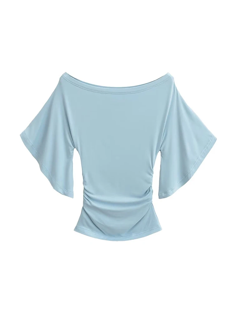 Summer Korean Style Women's Slim Fit Top with Sexy Bat Sleeves Off-Shoulder T-Shirt Slanted Collar Solid Color Waistband