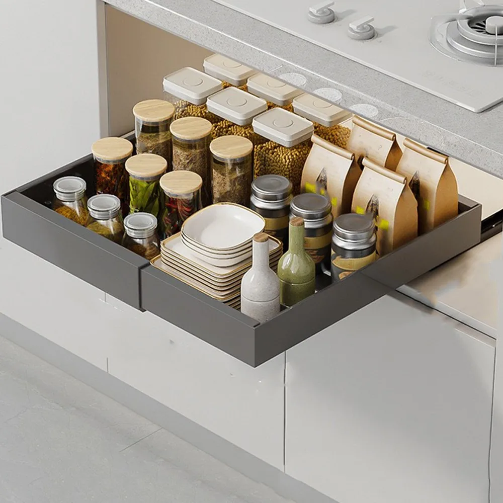 

Multifunctional Retractable Cabinet Basket Adjustable Width Metal Extendable Pull Out Shelf Drawer Type Non-perforated