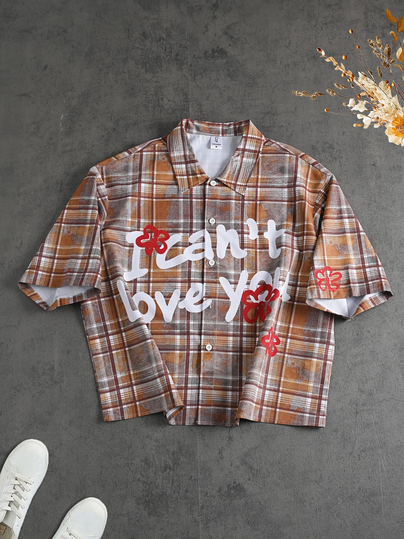 Men's Coffee-Colored Plaid Short-Sleeve Collared Shirt, Letter and Floral Print Loose Top, American Retro Street Style Short Open-Front Shirt