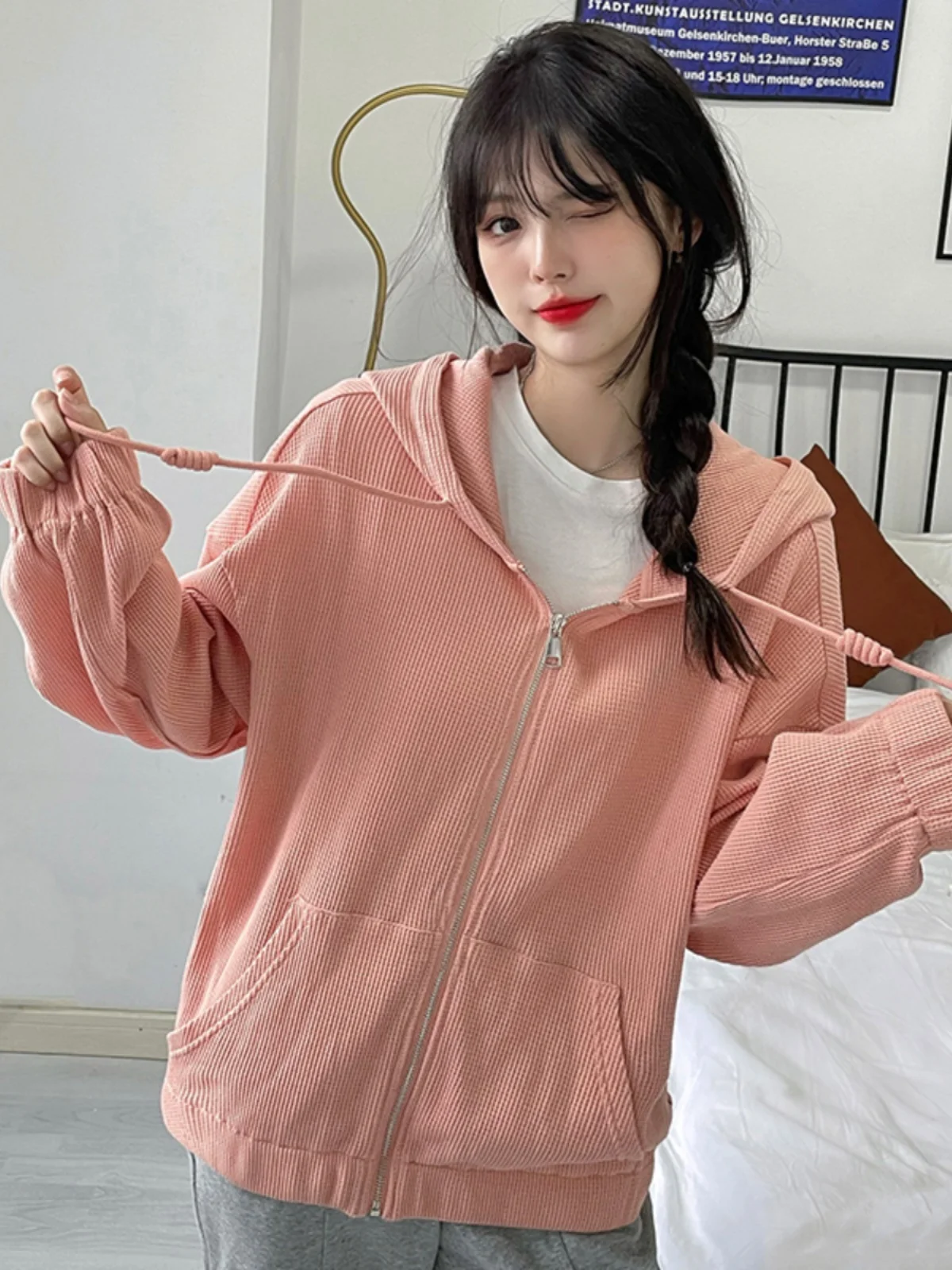 Sweat à capuche décontracté et ample pour femme, Jaet, couleur polyvalente, fermeture à glissière, longueur longue, automne 2024