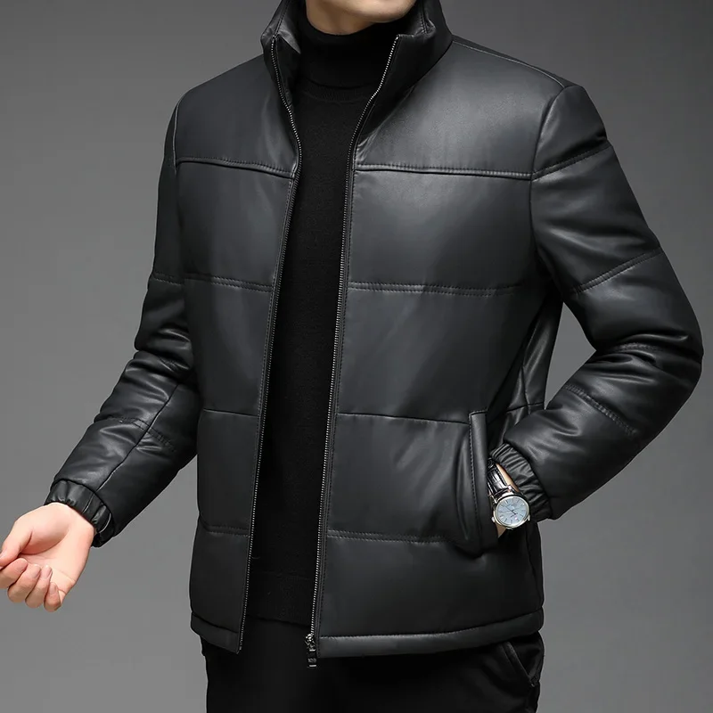 Men\'s Genuine Leather Jacket Autumn Winter New Fashion Casual White Duck Down Jackets Standing Collar Thick Coats Veste Homme