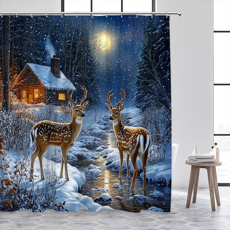 Winter Elk Shower Curtains Farmhouse Whitetail Deer Night Snow Forest Landscape Christmas Bathroom Decor Bath Curtain with Hoo