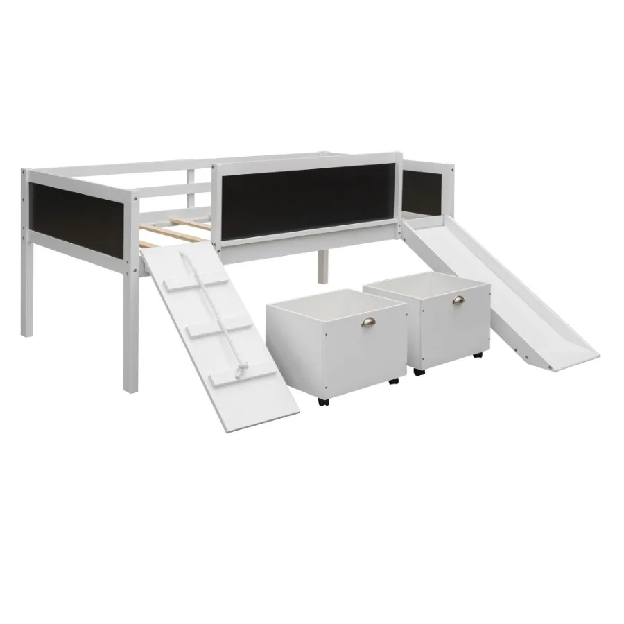 Twin size Loft Bed Wood Bed with Two Storage Boxes - White old sku: LP000075AAK