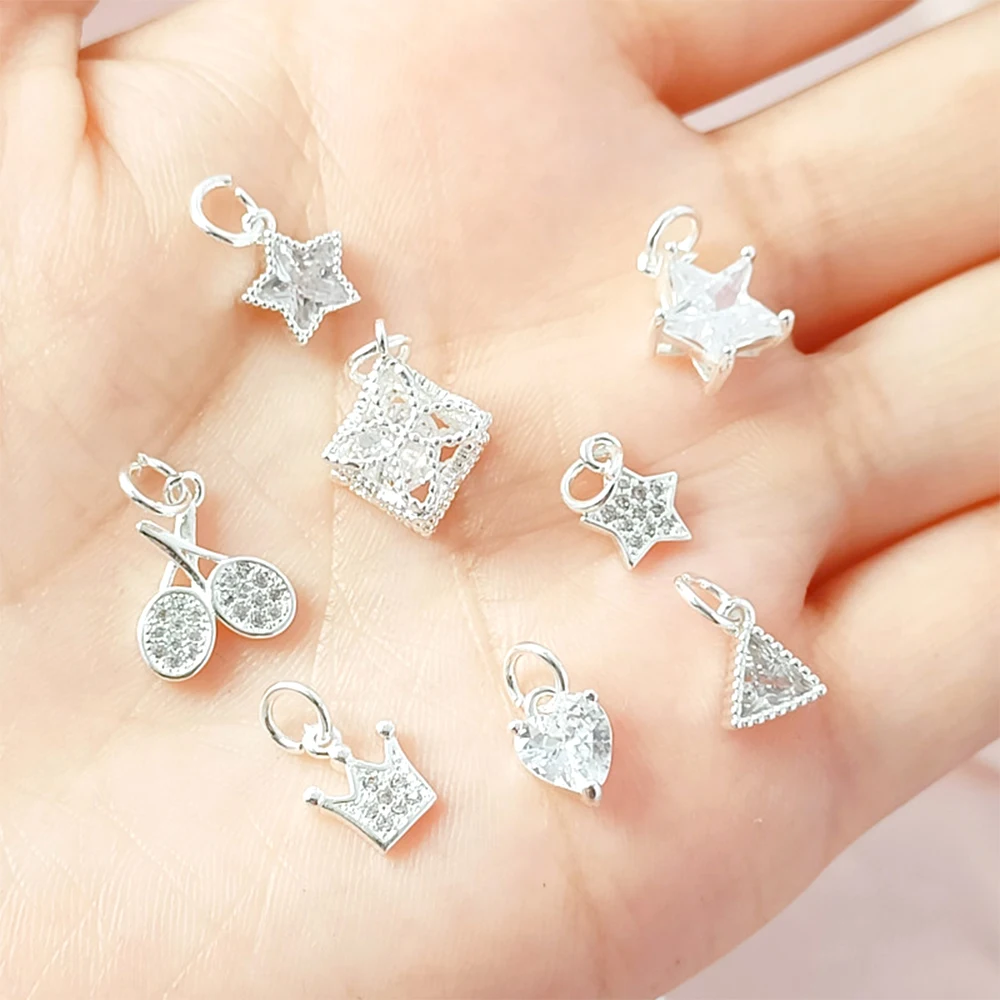 Silver-plated Brass Zircon Inlay Five Pointed Star Triangle Cherry Square Crown Pendant DIY Jewelry Making Accessory Materials
