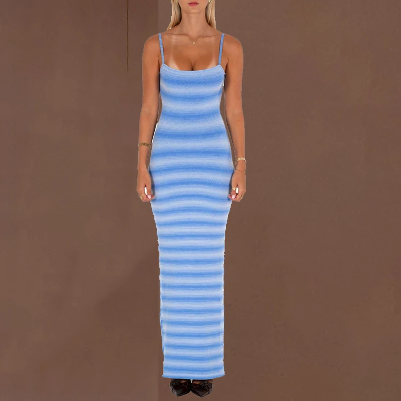 2025 Spring Summer New Stripe Print Beach Dress Fashion Suspender Slim Bikini Cover-up Sexy Sleeveless Backless Sunscreen Dress