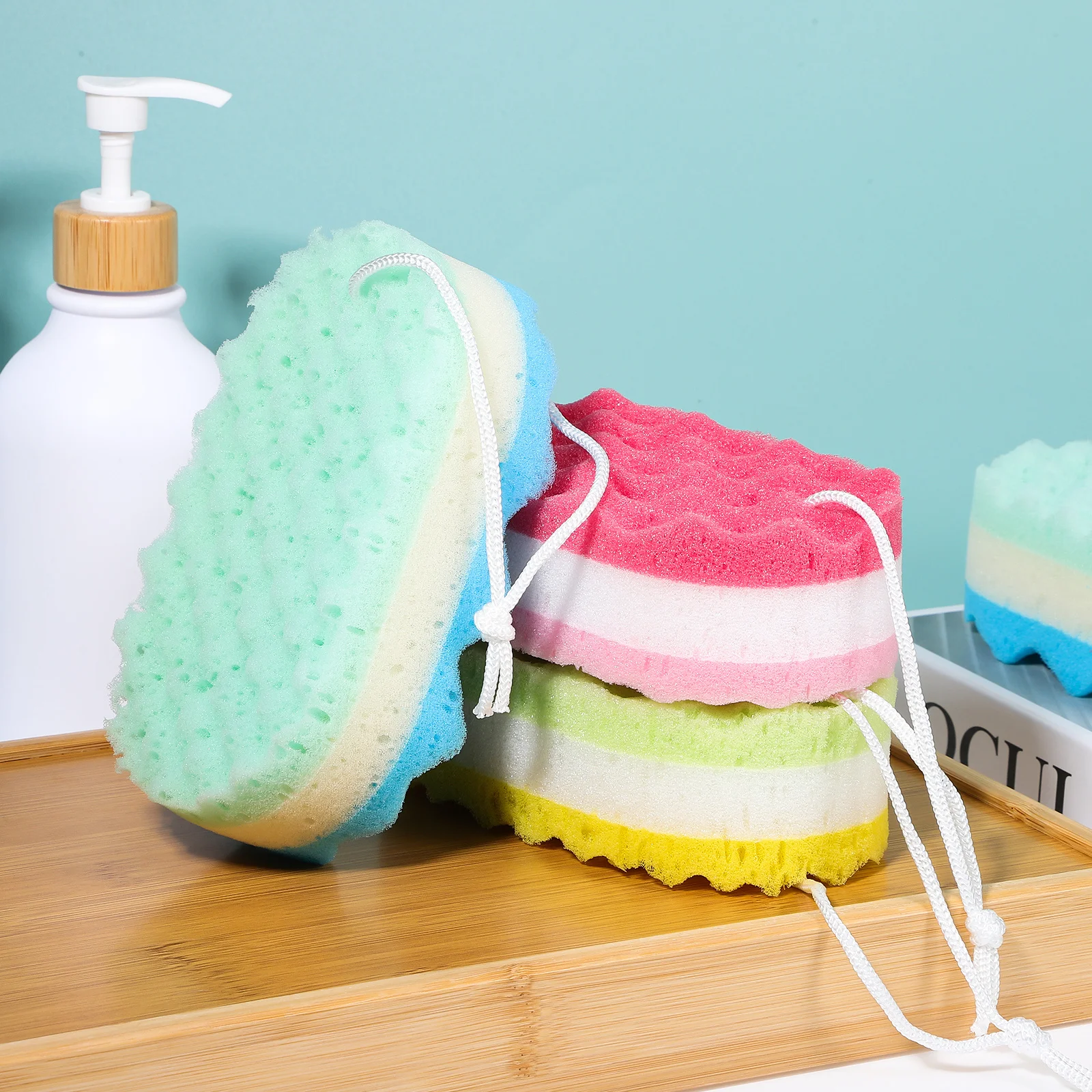 

4Pcs Body Wash Sponge Bath Scrubber Exfoliating Shower Sponge Set Gentle Skin Cleaning Tool Quick Drying Hanging Rope Design