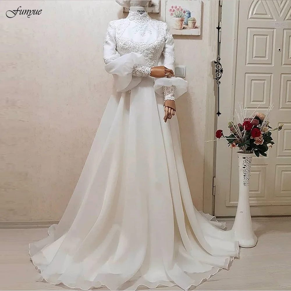 

Funyue Elegant A-Line Muslim Wedding Gown for Bride 2024 Organza Appliques Lace Arabic Dubai Full Sleeves Bridal Dresses