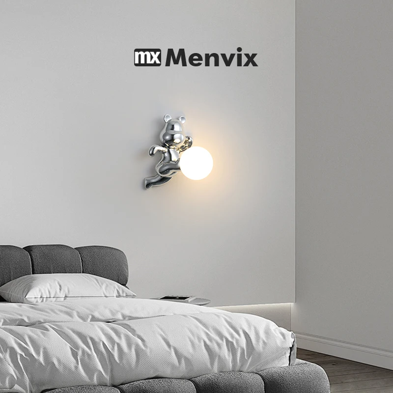 Cartoon Luxury Chrome Bear Wall Light For Bedroom Bedside Lighting Resin Bear Acrylic Sconces Children's Room Wall Lamp for Kids view 3