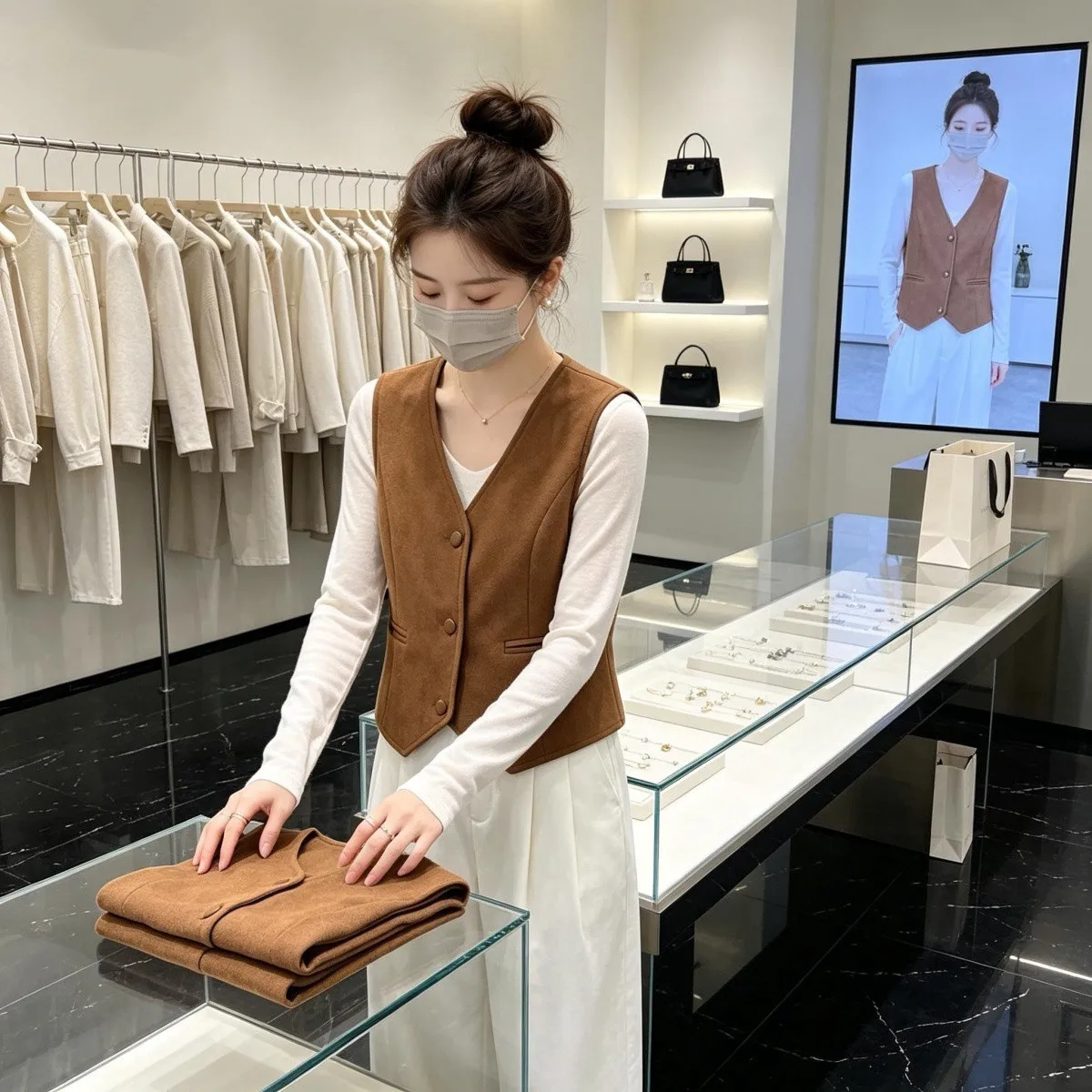 Spring Autumn Suede Short Vest Women's Casual Style V-Neck Single Button Fashionable Versatile Base Layer Top