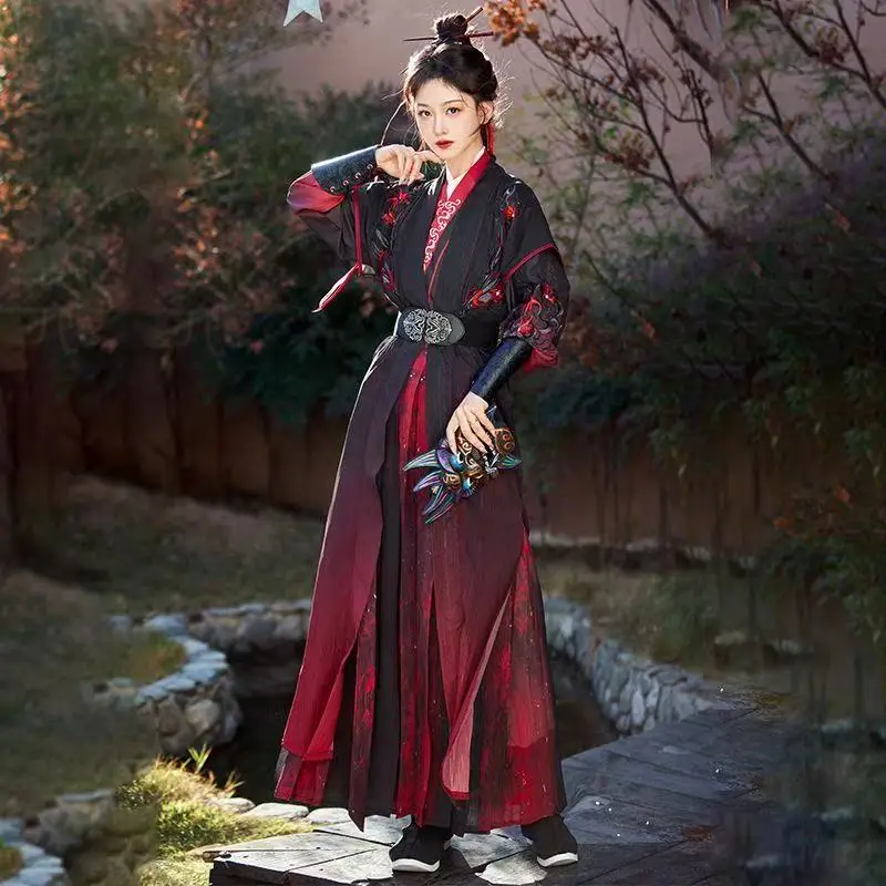 Men Women Song Dynasty Hanfu Dress Ancient Black Red Embroidery Cross Collar Costume Niche Vintage Warrior Cosplay Garments New