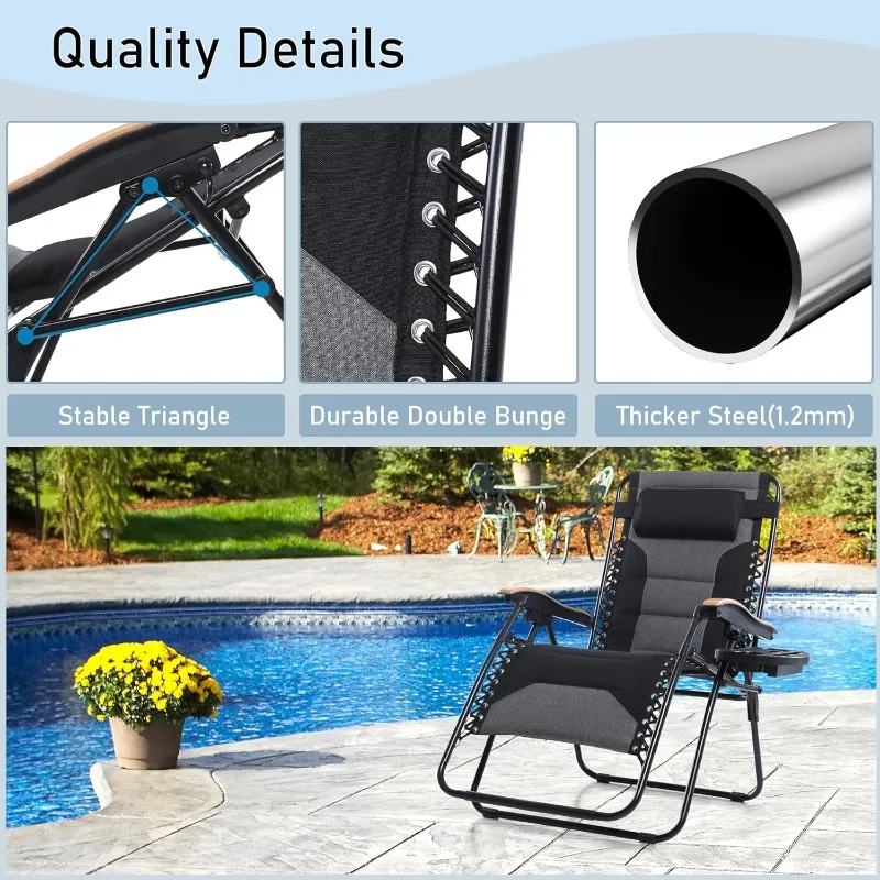 XXL Oversized Padded Zero Gravity Chair, Foldable Patio Recliner, 30" Wide Seat Anti Gravity Lounger with Cup Holder