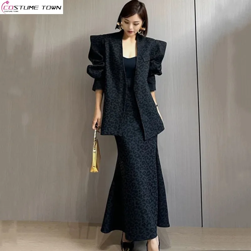 

Autumn and winter women's fashion new style chic leopard print jacket+high waisted skirt two-piece set trendy