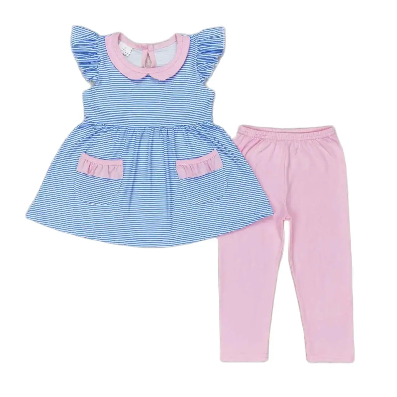 

GSPO1241 Kids Girls Summer Outfit Sets Flying Sleeves Top Blue Stripes And Pink Lace Print With Trousers Children Clothes