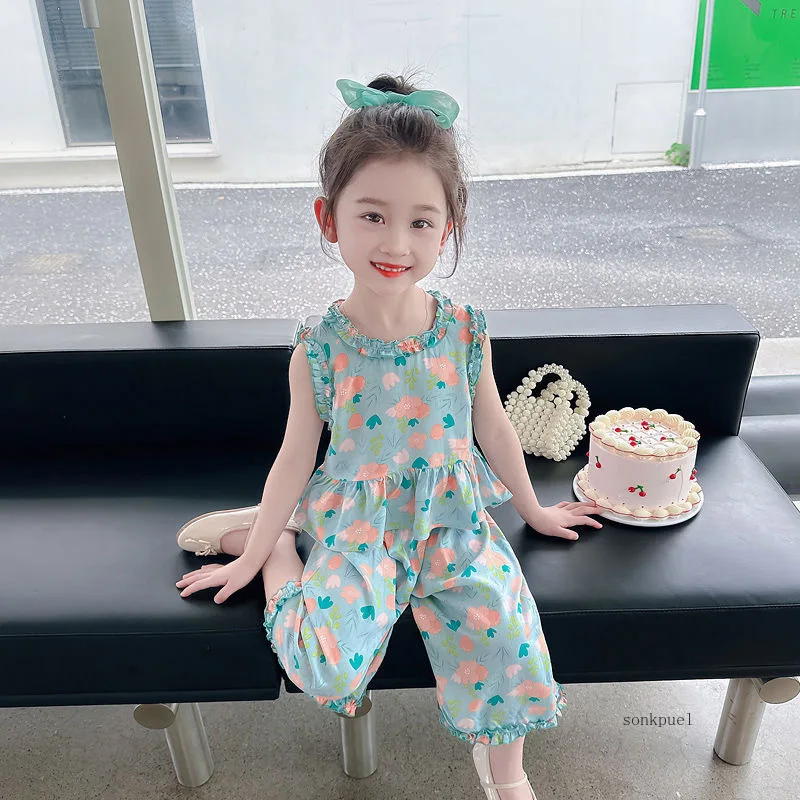 Baby Girls Set New Summer Suit Floral Vest +pant Two-piece Kids Tops Cropped Pants Girl Clothes suit