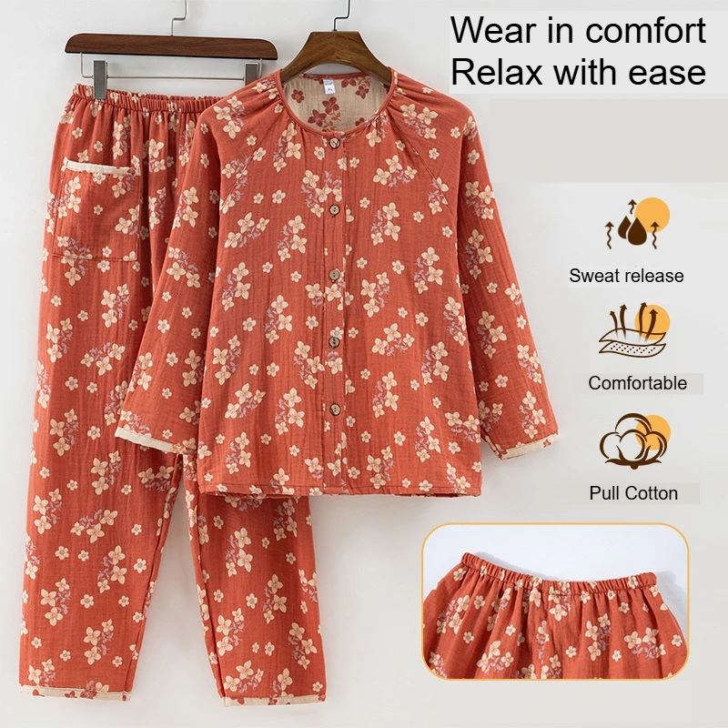 Retro Double Layer Gauze Women PJS Set Pure Cotton Yarn Dyed Jacquard Loose Pajamas Loungewear For Middle Aged Elderly Mom